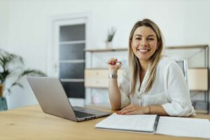 Happy accountant saving time